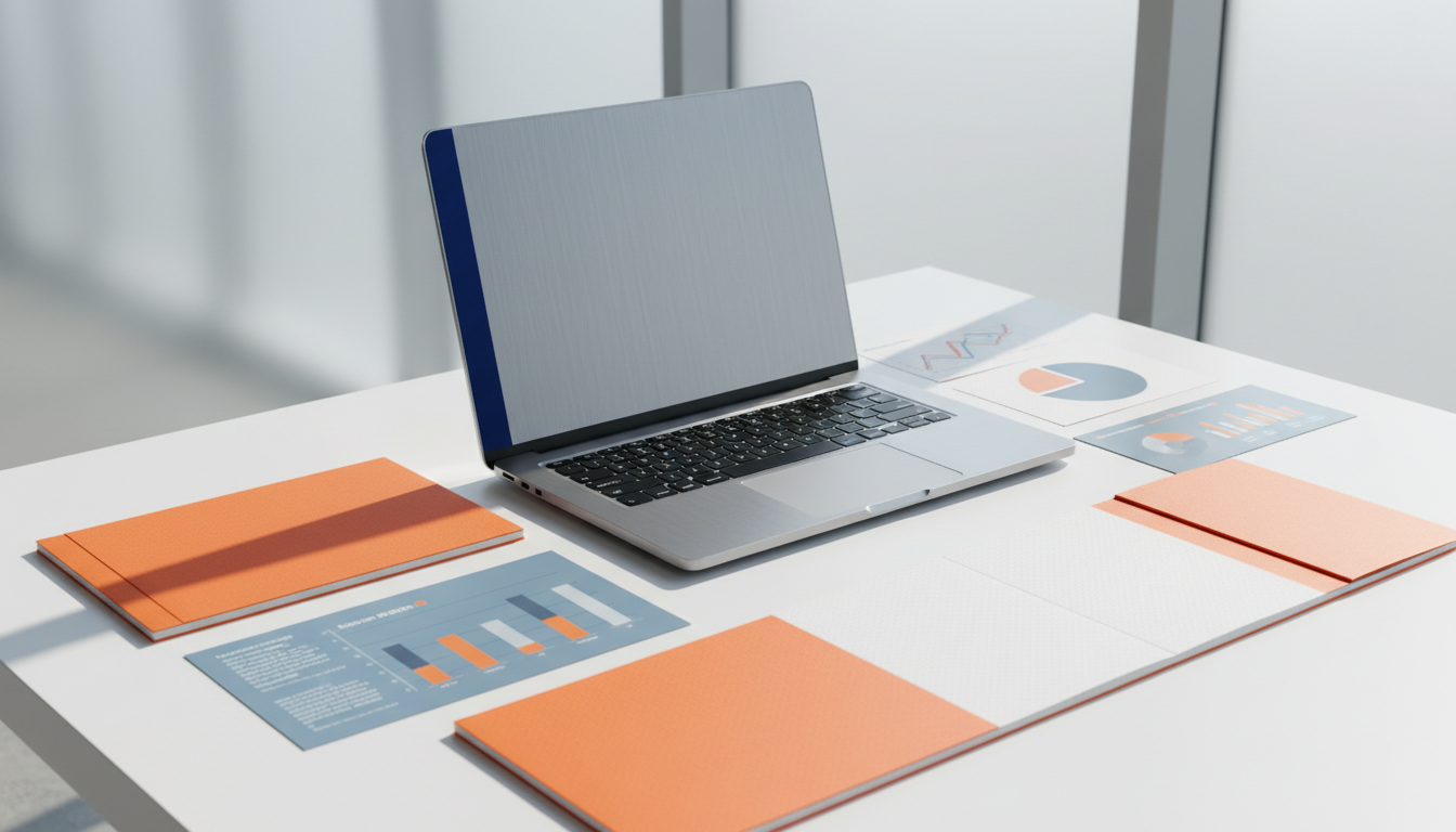 A sleek, high-end ultrabook laptop with a brushed aluminum finish and a navy-blue accent stripe along the edge, positioned on a crisp white workspace. Scatterings of modular orange notebook sections and precision-cut data charts are neatly arranged around it. Bright, diffused daylight streams through a frosted glass wall, casting soft, linear shadows and gentle highlights across the scene. The mood is polished and professional, with an energetic yet methodical atmosphere. Shot from a slightly elevated angle with the rule of thirds guiding composition, ensuring clear balance between workspace elements. Style is photographic realism with a clean, corporate aesthetic, showcasing the analytic, organized mindset behind a data-driven lifestyle.